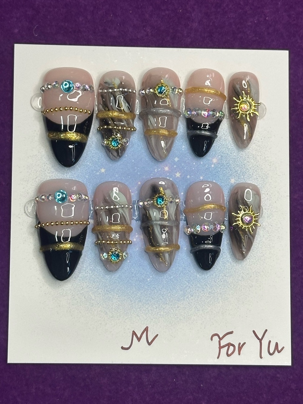 🌙 celestial ring charm press-on nail set, size M 🐥